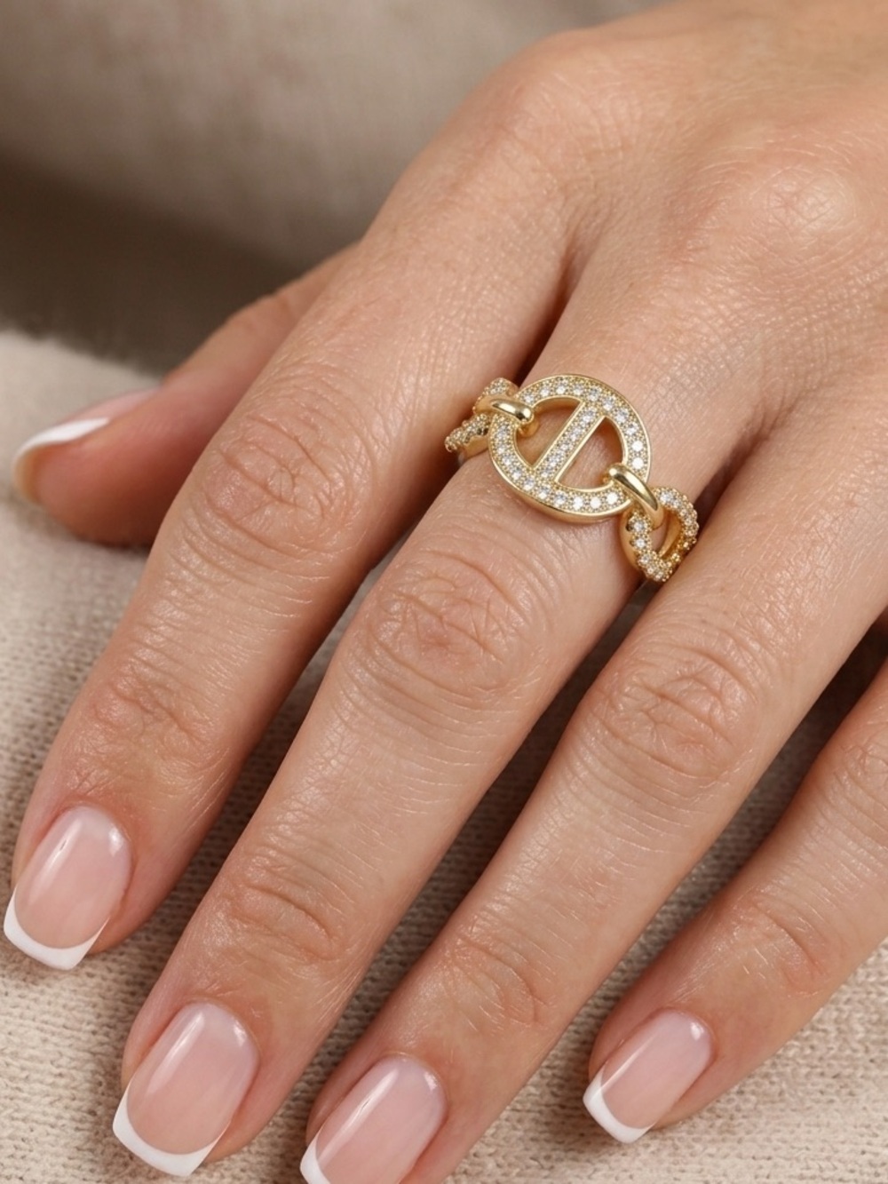 14K is Gold Plated CZ Mariner Link Ring | Gold Anchor Chain Band Ring - Picture 6 of 8